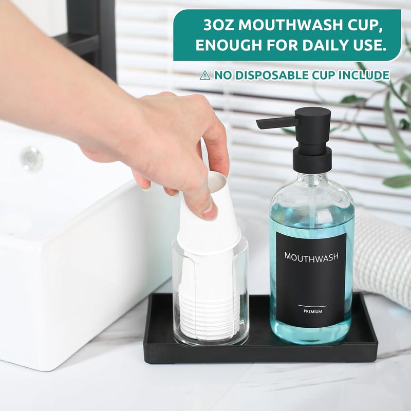 TOLDATLI Mouthwash Dispenser for Bathroom, Glass Mouth Wash Pump Dispenser with Cup Holder, 17 Fl Oz Mouthwash Bottle Decanter with Tray, Refillable Mouthwash Dispenser Container - Image 3